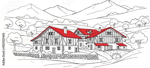 Traditional alpine houses with red roofs nestled in a hilly landscape