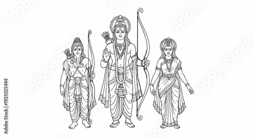 Three figures in traditional attire holding bows and arrows, rendered in line art