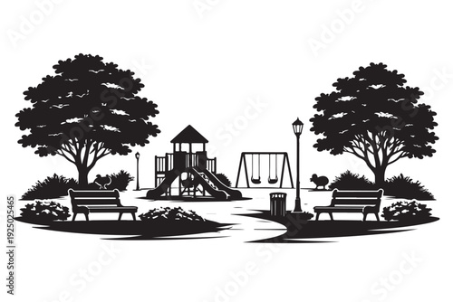 Suburban Park Silhouette, Vector Illustration, Isolated on White Background