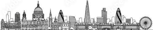 Stylized black and white line drawing of a city skyline with iconic buildings