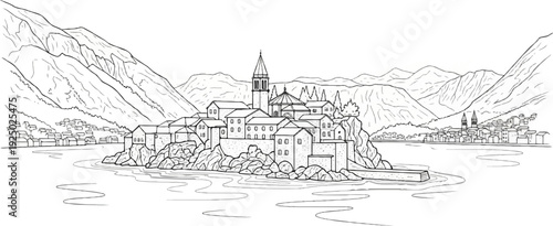A black and white sketch of a picturesque coastal village nestled between mountains and the sea
