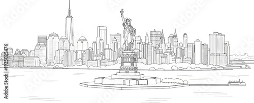 Stylized sketch of the Statue of Liberty and Manhattan skyline