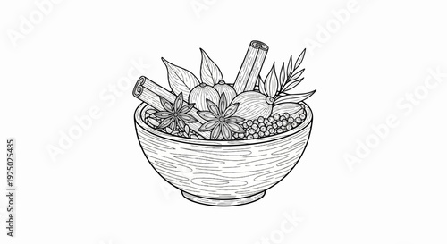 A rustic wooden bowl overflows with fragrant dried spices and leaves