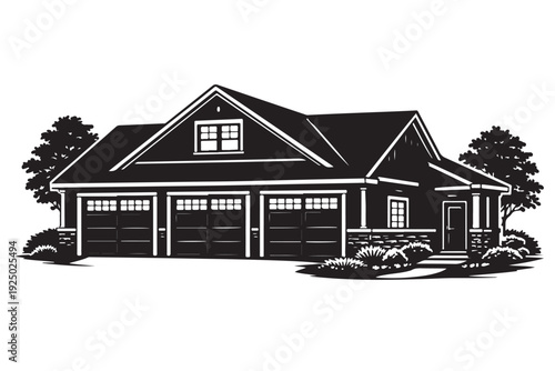 Garage House Silhouette, Vector Illustration, Isolated on White Background