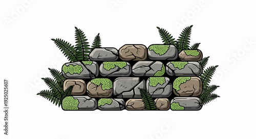 Rough stone wall with green moss and ferns peeking through