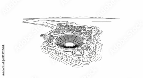 Ancient amphitheater complex overlooking a bay with distant mountains