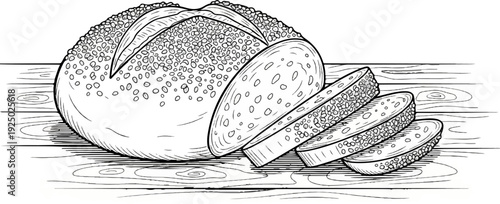 Rustic loaf of bread, partially sliced, rests on wooden planks