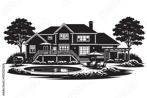 Backyard House Silhouette, Vector Illustration, Isolated on White Background