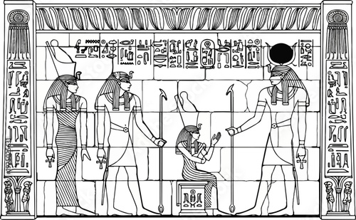 Ancient Egyptian wall carving depicts figures and hieroglyphs