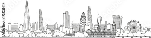 A detailed sketch of a modern city skyline featuring iconic skyscrapers and a Ferris wheel