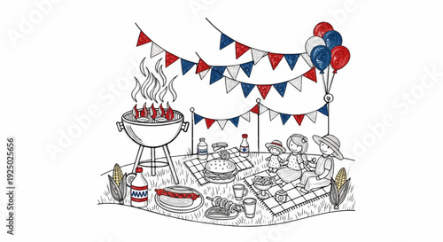 A festive outdoor picnic with grilling, balloons, and smiling figures