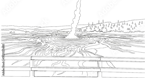 A geyser erupts in a landscape with distant trees and mountains