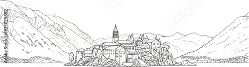 Ancient coastal village nestled amidst rugged mountains, overlooking serene waters