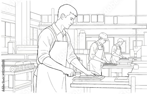 Three men work diligently on an assembly line in a factory setting