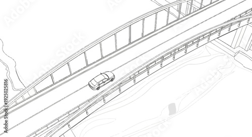 Aerial view of a car driving on a multi-lane bridge over water