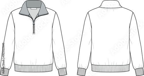 Blank quarter zip pullover sweatshirt fashion flat sketch vector template with front and back view design illustration for tech pack