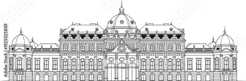 An elaborate monochrome sketch of a grand historical building with domed roofs