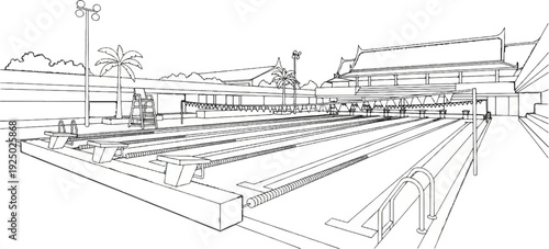 An outdoor swimming pool complex with diving boards and spectator stands