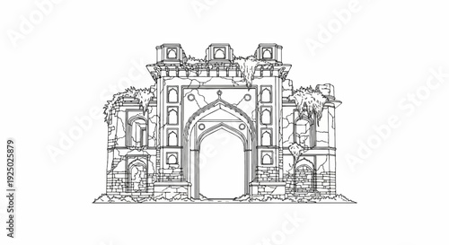 Ancient ruined gateway with arched openings and crumbling stone structures overgrown with vines