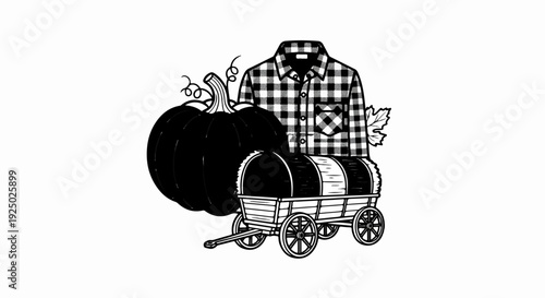 Autumn harvest theme with pumpkin, hay cart, plaid shirt, and leaf