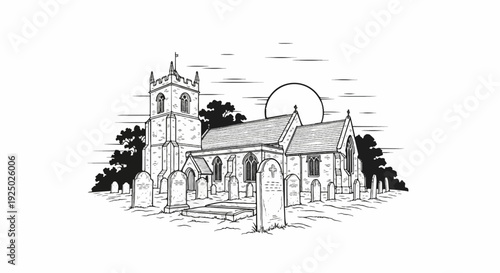 Ancient stone church with a graveyard under a large full moon