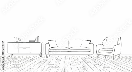 Minimalist living room scene with sofa, armchair, and cabinet on wood floor