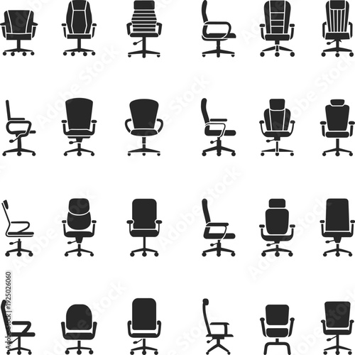Adobe Stock Title:Large set of office chair icons in various styles, ergonomic executive and task chairs for workplace design