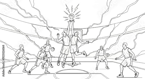 Dynamic basketball players leap for the ball amidst stylized, energetic lines