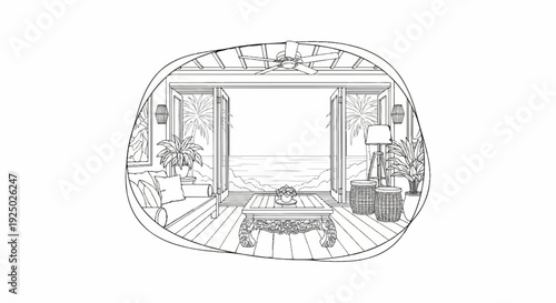 Interior view of an open room with a sofa, coffee table, plants, and ocean vista