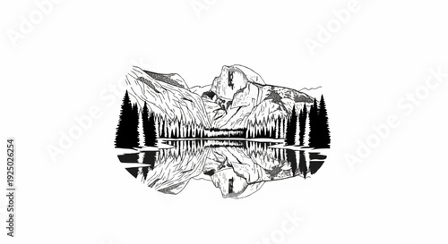 Black and white drawing of mountains reflected in a calm lake surrounded by trees