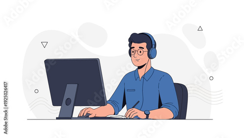 Man wearing headphones using computer at desk, illustration