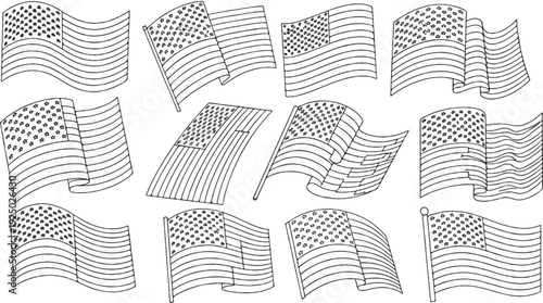 Multiple stylized illustrations of the American flag, varying in wave and orientation