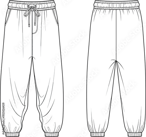 Blank sweatpants vector illustration front and back view technical fashion flat sketch casual jogger pants template design mockup line art