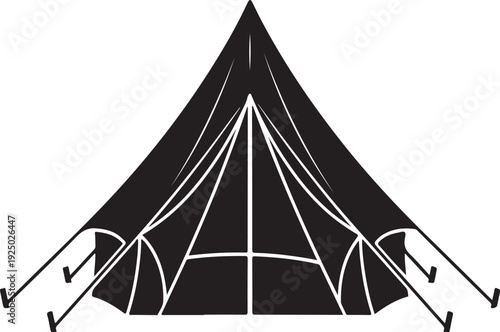  Black and white illustration of a modern teepee tent with internal poles and guy lines, representing camping and outdoor adventure.
