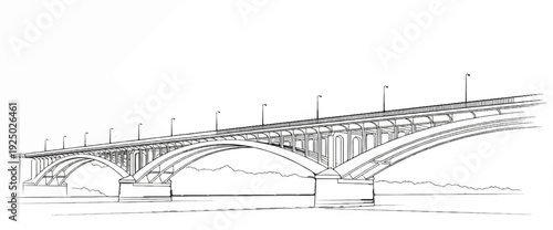 Arch bridge spans river with decorative pillars and streetlights