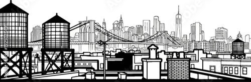 Black and white line art of a city skyline with water towers and bridge