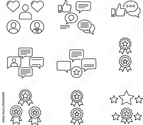 Customer feedback and rating line icons with chat bubbles likes stars and award badges vector set.eps