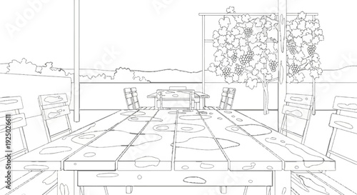 Outdoor patio with table, chairs, and grape vine under a bright sky