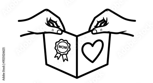 A simple line drawing of hands holding an open box with a heart and award inside