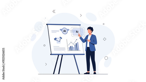 Man presenting AI technology and data analytics on whiteboard