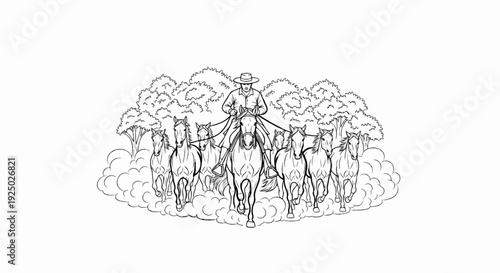 Cowboy on horseback leads herd of horses through trees and dust