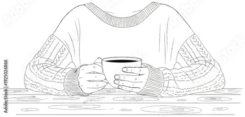 Cozy beverage moment with a warm sweater and intricate knitted sleeves