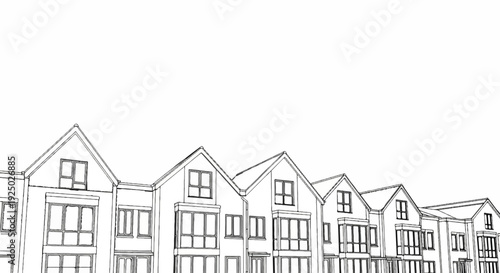 Sketch of terraced houses with pitched roofs, varied window designs, and clean lines