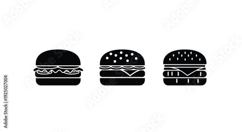 Three distinct hamburger vector graphic illustrations showcasing various delicious fast food options, ideal for restaurant menus, digital design projects, and quick meal representations.