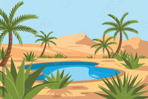 Tropical oasis poster, simple vector background with blue water desert landscape and sky