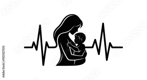 Mother holding baby with heartbeat line in the background image.