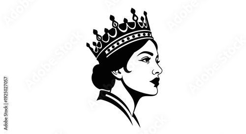 A simple black and white illustration of a woman wearing a crown.
