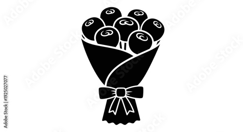 A simple black and white illustration of a bouquet of bowling balls wrapped in paper and tied with a bow