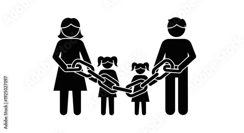 Family members connected by chains, symbolizing bondage and confinement.