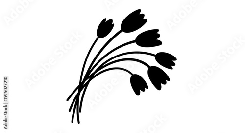 Simple black and white illustration of a bouquet of tulips on a white background.